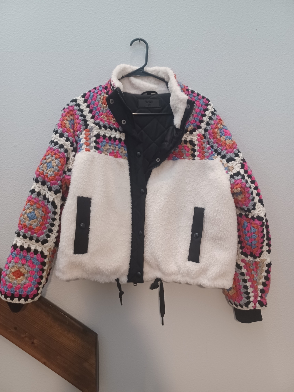 Blank NYC White Teddy Jacket with Multicolor Crochet Sleeves